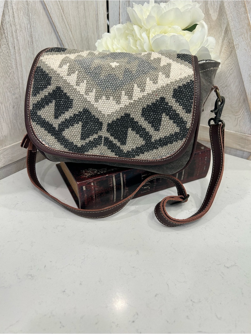 Myra Bag Woven Aztec Crossbody in Cream and Black with Brown Trim